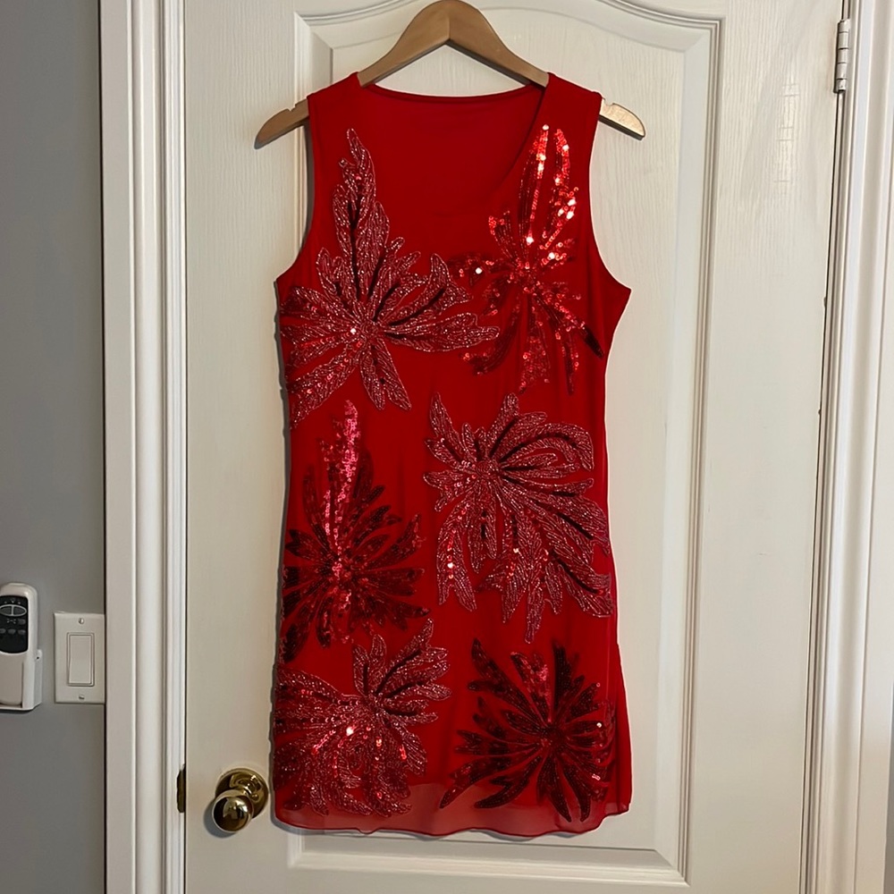 Red party dress with sequins. Perfect for Christmas and new years.